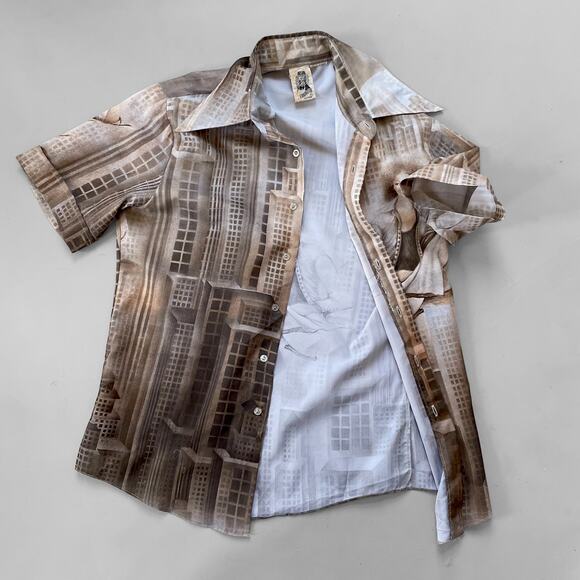 70s Polyester Kennington Disco Skyscraper Metropolis Shirt AllOver Print Men's - Picture 8 of 9